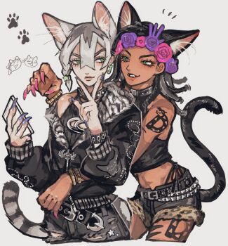 1boy 1girl alternate_costume animal_ear_fluff animal_ears animal_print arm_around_waist arm_tattoo belt black_hair bracelet braid brother_and_sister cat_boy cat_ears cat_girl cat_tail claw_pose commentary crop_top cropped_legs dark-skinned_female dark_skin dragona_joestar dreadlocks earrings fang fingernails flower_wreath fur-trimmed_shorts fur_trim green_eyes grey_hair grin head_wreath highres holding holding_phone jacket jewelry jodio_joestar jojo_no_kimyou_na_bouken kemonomimi_mode leg_tattoo leopard_print long_fingernails long_hair looking_at_another looking_to_the_side midriff multicolored_hair multiple_belts nail_polish naru_tomaki navel off_shoulder panties panty_straps paw_print phone shirt shorts siblings side-tie_panties side_braid sleeveless sleeveless_shirt smile striped_tail studded_belt symbol-only_commentary tail tattoo the_jojolands underwear v v_over_mouth white_hair