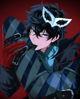 Rule 34 | 2boys, absurdres, amamiya ren, aqua shirt, belt, black belt, black coat, black hair, coat, collared shirt, domino mask, eye mask, fsmaichobpeg0, gloves, grabbing another's leg, grey eyes, highres, joker (persona 5), looking at viewer, male focus, mask, mouth hold, multiple boys, open mouth, persona, persona 5, pov, red background, red gloves, red pupils, shirt, short hair, solo focus, teeth, upper body