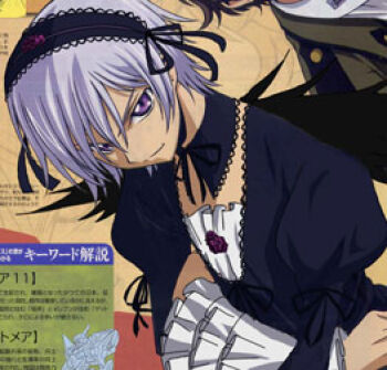 00s 1boy clamp code_geass crossdressing crossdressing_(mtf) gothic_lolita grey_hair lelouch_vi_britannia lolita_fashion lowres male_focus rozen_maiden scan solo suigintou third-party_edit wings