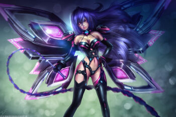 1girl bare_shoulders black_bodysuit black_gloves black_thighhighs blue_hair blurry blurry_background bodysuit breasts cleavage clothing_cutout detached_wings eddy_shinjuku elbow_gloves floating_hair gloves glowing glowing_eyes gluteal_fold hair_between_eyes hand_on_own_hip highres hip_vent holding holding_weapon holding_whip iris_heart_(neptunia) kami_jigen_game_neptune_v large_breasts lips long_hair looking_at_viewer mechanical_wings navel navel_cutout neptune_(series) nose pink_eyes power_symbol power_symbol-shaped_pupils realistic revealing_clothes signature solo symbol-shaped_pupils thigh_cutout thighhighs weapon whip_sword wings