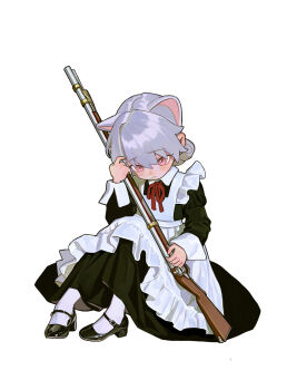 1girl animal_ears antique_firearm apron black_dress black_shoes blush closed_mouth commentary dress extra_ears feiqizi_(fkey) firearm firelock fkey flintlock frilled_apron frills full_body grey_hair gun highres holding holding_gun holding_weapon maid maid_apron mary_janes neck_ribbon original pink_eyes red_ribbon ribbon shoes simple_background sitting sleeve_cuffs solo weapon white_apron white_background