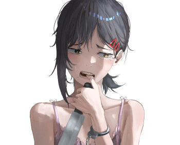 1girl absurdres biting_own_finger black_hair brown_eyes camisole chainsaw_man hair_ornament hairclip higashiyama_kobeni highres holding holding_knife kitchen_knife knife nua_(wfpg4322) pink_camisole ponytail short_ponytail simple_background single_sidelock solo white_background