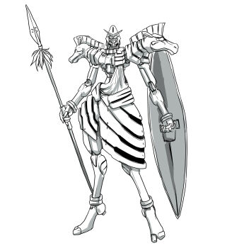 alternate_form armor commentary_request full_body g_gundam greyscale gundam gundam_zebra highres holding holding_polearm holding_shield holding_weapon joints ledjoker07 looking_at_viewer mecha mobile_suit monochrome no_humans no_pupils polearm robot robot_joints science_fiction shield shoulder_armor simple_background solo spear standing v-fin weapon white_background