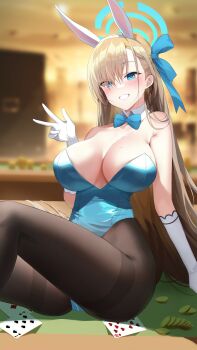 1girl ace_(playing_card) ace_of_diamonds asuna_(blue_archive) asuna_(bunny)_(blue_archive) asymmetrical_bangs black_pantyhose blonde_hair blue_archive blue_bow blue_bowtie blue_halo blue_leotard blurry blurry_background blush bow bowtie breasts card cleavage commentary_request detached_collar diamond_(shape) elbow_gloves gloves halo hand_up highleg highleg_leotard highres large_breasts leotard long_bangs long_hair mole mole_on_breast official_alternate_costume pantyhose parted_lips playboy_bunny playing_card revision seven_of_spades sitting smile solo strapless strapless_leotard teeth ten_of_hearts thighband_pantyhose thighs v white_gloves yampa