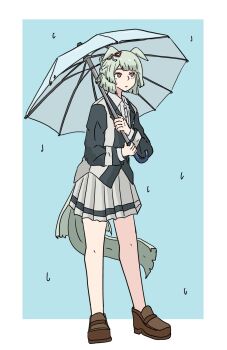 1girl animal_ears aqua_tail bow closed_mouth ear_ornament ear_ribbon folded_ponytail fujimasa_march_(umamusume) full_body grey_hair grey_skirt highres holding holding_umbrella horse_ears horse_girl horse_tail jacket kasamatsu_tracen_school_uniform long_sleeves multicolored_jacket pleated_skirt rain school_uniform shirt shoes short_hair simple_background skirt solo sxpwze4u3podzmr tail two-tone_jacket umamusume umamusume:_cinderella_gray umbrella white_shirt yellow_eyes