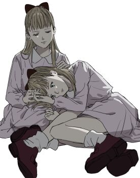 2girls anna_liebert blonde_hair blue_eyes blunt_bangs bow caress child clone comforting crying curled_fingers dress empty_eyes footwear_bow full_body hair_behind_ear hair_bow half-closed_eyes hand_in_another's_hair holding_hands interlocked_fingers lap_pillow loafers long_hair long_sleeves looking_at_another looking_down loose_socks lower_teeth_only lying medium_dress monster_(manga) multiple_girls om7mol on_side open_mouth parted_lips peter_pan_collar pink_dress red_bow red_shoes shoes sidelighting simple_background socks straight_hair teeth white_background white_socks