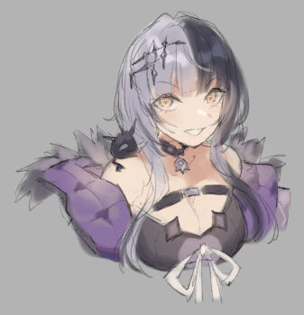 Rule 34 | 1girl, bare shoulders, black dress, black hair, breasts, cleavage, commentary, cropped torso, dress, english commentary, grey background, grin, highres, hito (maruhito), hololive, hololive english, large breasts, looking at viewer, multicolored hair, off shoulder, shiori novella, shiori novella (1st costume), simple background, sleeveless, sleeveless dress, smile, solo, split-color hair, v-shaped eyebrows, virtual youtuber, white hair, yellow eyes, yorick (shiori novella)