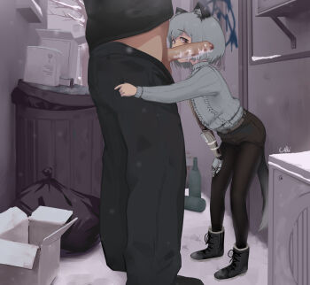 1boy 1girl alley animal_ear_fluff animal_ears belt black_footwear black_pants black_pantyhose black_shirt black_shorts boots bottle box brown_eyes cardboard_box cari_(scari) censored clothes_pull cum ejaculation erection grey_hair grey_sweater hand_on_own_thigh highres imminent_fellatio loli mechanical_arms mosaic_censoring original outdoors pants pants_pull pantyhose penis shirt short_hair short_shorts shorts single_mechanical_arm snow sweater tail trash_bag trash_can wolf_ears wolf_girl wolf_tail