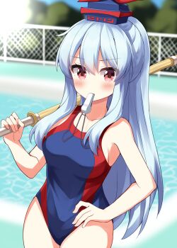 1girl adapted_costume bare_arms blue_hair blue_hat blue_one-piece_swimsuit blush breasts collarbone commentary_request cowboy_shot day hand_on_own_hip hat highres kamishirasawa_keine long_hair looking_at_viewer medium_breasts one-piece_swimsuit outdoors pool red_eyes red_one-piece_swimsuit ruu_(tksymkw) solo swimsuit touhou two-tone_one-piece_swimsuit whistle