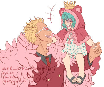 1boy 1girl absurdres animal_ears art-of-firefly artist_name black_sandals black_shirt blonde_hair capelet crown donquixote_doflamingo dress english_text fake_animal_ears formal_clothes green_hair highres holding_hands hood hooded_capelet medium_hair monocle necktie one_piece open_mouth polka_dot polka_dot_dress red_necktie red_suit sandals shirt short_hair sitting_on_shoulder smile sugar_(one_piece) suit sunglasses teeth