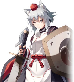 1girl alternate_costume animal_ear_fluff animal_ears artist_request black_gloves breasts clothing_request fingerless_gloves game_cg gloves grey_hair hat holding holding_shield holding_sword holding_weapon inubashiri_momiji labyrinth_of_touhou_(series) labyrinth_of_touhou_2 looking_at_viewer medium_hair official_art open_mouth pom_pom_(clothes) ribbon-trimmed_sleeves ribbon_trim shield small_breasts solo sword third-party_source tokin_hat touhou transparent_background weapon wolf_ears wolf_girl yellow_eyes