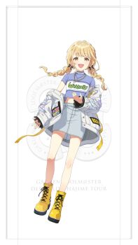 Rule 34 | 1girl, blonde hair, boots, buttons, english text, fang, fujita kotone, full body, gakuen idolmaster, game cg, idol clothes, idolmaster, jacket, jewelry, low twin braids, necklace, off shoulder, official art, open mouth, skin fang, skirt, solo, twin braids, yellow eyes