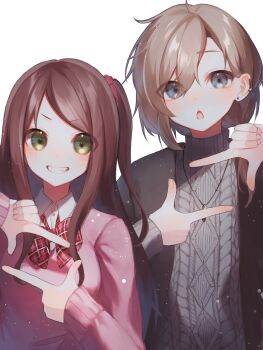 1boy 1girl akabane_youko akabane_youko_(1st_costume) blush bow brown_hair commentary_request earrings finger_frame green_eyes grey_eyes grey_sweater grin hair_between_eyes highres jewelry kanae_(8th_costume)_(nijisanji) kanae_(nijisanji) long_hair necklace nijisanji open_mouth pink_sweater plaid_bow short_hair simple_background smile sweater upper_body violet_(mesy4285) virtual_youtuber