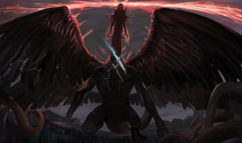 1other ancient_dragon_lansseax arm_up black_jacket black_pants black_shoes character_request cloud cloudy_sky commentary_request dokomon dragon elden_ring fromsoftware giant glowing glowing_weapon highres holding hood hood_up hooded_jacket jacket korean_commentary outdoors pants shoes sky solo tarnished_(elden_ring) weapon