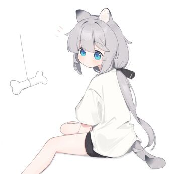 1girl animal_ear_fluff animal_ears between_legs black_ribbon black_shorts blue_eyes blush cartoon_bone commentary feet_out_of_frame grey_hair hair_ribbon hand_between_legs low_ponytail original ponytail ribbon riya_(01214) shadow short_shorts shorts simple_background sitting solo symbol-only_commentary tail white_background