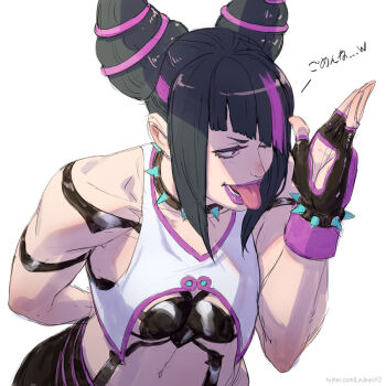 1girl bracelet breasts collar commentary fingerless_gloves gloves hair_horns han_juri jewelry rejean_dubois short_hair solo spiked_bracelet spiked_collar spikes street_fighter street_fighter_6 tongue tongue_out watermark web_address