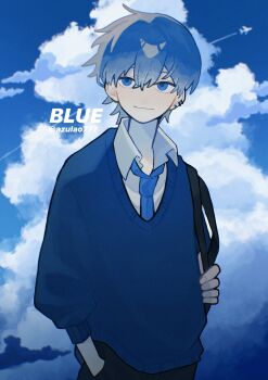 Rule 34 | 1boy, aircraft, airplane, azulao777, backpack, bag, black pants, blue eyes, blue hair, blue necktie, blue sweater, closed mouth, cloud, collared shirt, commentary, contrail, cowboy shot, double-parted bangs, earrings, hair between eyes, hand in pocket, highres, jewelry, looking to the side, male focus, multiple earrings, necktie, open collar, original, pants, piercing, shirt, short hair, sideways glance, sky, smile, solo, stud earrings, sweater, symbol-only commentary, twitter username, white shirt