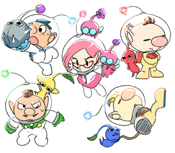 Rule 34 | 1girl, 4boys, :o, alph (pikmin), backpack, badge, bag, big nose, black eyes, black skin, blonde hair, blue eyes, blue hair, blue pikmin, blue skin, bound, brittany (pikmin), brown hair, bud, charlie (pikmin), closed eyes, closed mouth, colored skin, commentary request, creature on head, crossed arms, eyelashes, facial hair, flower, flying, freckles, frisbee (frisbee aop), frown, full body, glasses, gloves, hand on own chin, helmet, holding, insect wings, leg up, louie (pikmin), miniskirt, mohawk, multiple boys, mustache, nintendo, no mouth, olimar, one eye closed, outstretched arms, parted lips, pikmin (creature), pikmin (series), pink gloves, pink hair, pink skin, pink skirt, pointy nose, purple flower, radio antenna, red-framed eyewear, red bag, red gloves, red pikmin, red skin, rock, rock pikmin, short hair, simple background, skirt, solid circle eyes, solid oval eyes, space helmet, standing, star (symbol), sweatdrop, tied up (nonsexual), triangle mouth, triangular eyewear, tripping, very short hair, white background, white flower, winged pikmin, wings, yellow pikmin, yellow skin, zipper
