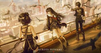 1boy 2girls absurdres bare_shoulders black_bow black_dress black_gloves black_hair black_jacket black_pants black_serafuku black_shirt black_skirt bow chisa_(wuthering_waves) commentary dress dual_persona elbow_pads english_commentary female_rover_(wuthering_waves) gloves hair_bow hair_ribbon highres jacket jvn long_hair low_ponytail male_rover_(wuthering_waves) multiple_girls neckerchief outdoors pants ponytail red_neckerchief red_ribbon ribbon rooftop rover_(wuthering_waves) sailor_collar school_uniform serafuku shirt skirt white_sailor_collar wuthering_waves