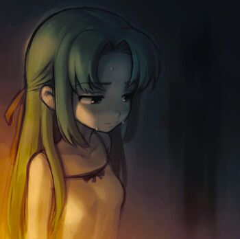 1girl 482egg averting_eyes bare_shoulders camisole closed_mouth collarbone commentary dim_lighting english_commentary green_eyes green_hair hair_ribbon half_updo higurashi_no_naku_koro_ni long_hair nervous ribbon solo sonozaki_shion sweat white_camisole yellow_ribbon