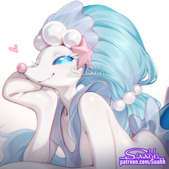 1girl bad_tag blue_eyes blue_hair clown_nose colored_eyelashes colored_skin commentary english_commentary fang furry furry_female gem gen_7_pokemon hair_ornament hand_on_own_chin head_on_hand head_rest heart long_eyelashes long_hair looking_at_viewer lying mermaid monster_girl multi-tied_hair nintendo on_stomach pearl_(gemstone) pearl_hair_ornament pokemon pokemon_(creature) pokemon_focus primarina skin_fang smile solo starfish_hair_ornament suahh upper_body white_skin