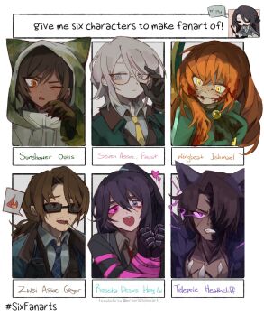 3boys 4girls artist_self-insert black_bow blood blood_on_face blue_eyes blue_hair blue_necktie bow brown_eyes brown_hair e.g.o_(project_moon) english_text faust_(project_moon) glasses gregor_(project_moon) hair_bow heathcliff_(project_moon) heterochromia high_ponytail highres hong_lu_(project_moon) ishmael_(project_moon) limbus_company long_hair low_ponytail medium_hair multiple_boys multiple_drawing_challenge multiple_girls muu_037 necktie one_eye_closed orange_hair outis_(project_moon) parted_lips pink_eyes pink_ribbon ponytail project_moon purple_eyes ribbon roseate_desire_(e.g.o) seven_association_south_uniform sidelocks simple_background six_fanarts_challenge sunglasses sunshower_(e.g.o) very_long_hair white_background white_hair wingbeat_(e.g.o) zwei_association_south_uniform