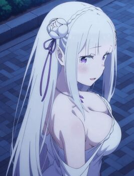 1girl ai-generated bare_shoulders braid breasts cleavage crown_braid dress emilia_(re:zero) flower grey_hair hair_flower hair_ornament hair_ribbon highres long_hair looking_at_viewer medium_breasts non-web_source pointy_ears purple_eyes purple_ribbon re:zero_kara_hajimeru_isekai_seikatsu ribbon smile solo wedding_dress white_dress white_flower white_hair x_hair_ornament