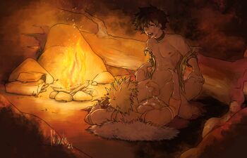 abs anal bakugou_katsuki blonde_hair boku_no_hero_academia bones_(company) bonfire cave completely_nude cum erection freckles glans green_hair indoors kuuhmuuh looking_up lying medieval midoriya_izuku moaning nude pectorals penis riding sex shounen_jump testicles tongue tongue_out yaoi