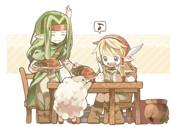 1boy 1girl belt blonde_hair boots broken_flower_pot brown_belt brown_boots character_request closed_mouth commentary_request flower_pot food full_body fushigi_no_shiro_no_helen grey_pants head_wings helen_(rpg_maker) holding holding_food long_hair musical_note open_mouth pants pointy_ears rpg_maker sanaknim sheep single_head_wing sitting smile spoken_musical_note standing table teeth tongue upper_teeth_only wings