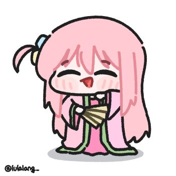 Rule 34 | 1girl, bocchi the rock!, chibi, chibi only, closed eyes, facing viewer, folding fan, full body, gotoh hitori, hand fan, highres, holding, holding fan, japanese clothes, kimono, long hair, lulalang, one side up, open mouth, pink hair, pink kimono, simple background, smile, solo, standing, white background