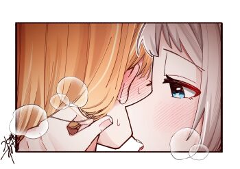 2girls blue_eyes blush breath close-up commentary_request ear_blush gakuen_idolmaster grey_hair h77kobato highres idolmaster katsuragi_lilja multiple_girls open_mouth orange_hair shiun_sumika yuri