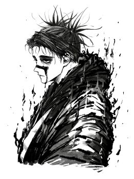Rule 34 | 1boy, 28cg, absurdres, choso (jujutsu kaisen), closed mouth, facial tattoo, greyscale, highres, jujutsu kaisen, male focus, monochrome, profile, robe, scarf, short hair, simple background, solo, tattoo, upper body