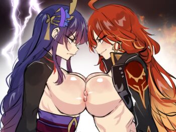>:( >:) 2girls blush breast_contest breast_press breasts commentary confrontation earrings electricity english_commentary fire from_side genshin_impact gradient_hair highres hinghoi japanese_clothes jewelry kimono large_breasts long_hair long_sleeves mavuika_(genshin_impact) mole mole_under_eye multicolored_hair multiple_girls nipple-to-nipple off_shoulder orange_hair profile purple_hair purple_kimono raiden_shogun red_hair symmetrical_docking upper_body v-shaped_eyebrows very_long_hair yuri