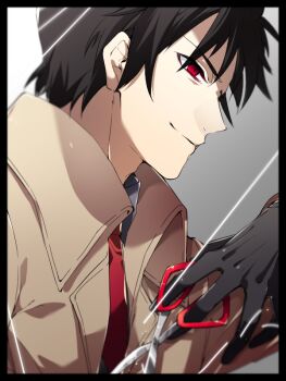 1boy adam's_apple black_border black_gloves black_hair boku_dake_ga_inai_machi border brown_coat closed_mouth coat commentary_request from_side gloves grey_background holding holding_scissors looking_ahead male_focus necktie red_eyes red_necktie scissors short_hair solo tokiceman yashiro_gaku