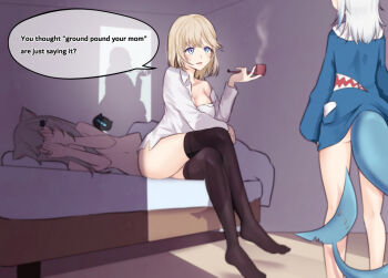 aftersex animal_ears bed blue_eyes blue_hair breasts cat_ears covering_face crack_of_light embarrassed english_text engrish_text fins fish_tail gawr_gura holding holding_smoking_pipe hololive hololive_english indie_virtual_youtuber large_breasts long_hair meme multicolored_hair multiple_girls nachoneko no_panties nude open_mouth ranguage ruined_for_marriage shark_tail shirt silver_hair smoking smoking_pipe speech_bubble streaked_hair tail thighhighs virtual_youtuber watson_amelia yuetan_(ssvs73608) yuri