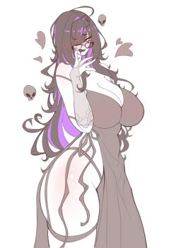 1girl absurdres ahoge bags_under_eyes black-framed_eyewear black_hair breasts colored_inner_hair commentary drooling english_commentary floating_skull glasses goddess_of_victory:_nikke heart highres label_(nikke) large_breasts lixsium long_hair messy_hair mouth_drool multicolored_hair open_mouth purple_eyes purple_hair purple_streaks simple_background skull smile solo thick_thighs thighs very_long_hair white_background