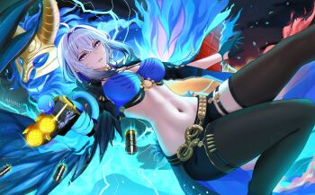 ahoge aiming aiming_at_viewer black_jacket black_pantyhose black_thighhighs blue_bra bra breasts chimera_(wuthering_waves) commentary cropped_jacket galbrena_(wuthering_waves) grey_hair hair_between_eyes hair_intakes highres jacket large_breasts looking_at_viewer massoukei navel pantyhose parted_lips purple_eyes signature single_leg_pantyhose single_thighhigh stomach symbol-only_commentary tacet_discord_(wuthering_waves) thigh_strap thighhighs underwear wuthering_waves