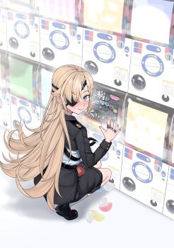 1girl black_dress black_gloves black_shoes blonde_hair blue_eyes blush closed_mouth coin coin_purse dress embarrassed eyepatch from_above gashapon gloves goddess_of_victory:_nikke guillotine_(nikke) hair_over_one_eye hands_up highres holding holding_coin jewelry legs_together long_hair long_sleeves looking_at_viewer military_uniform osssan3_sabu ring shirt shoes single_glove socks squatting sweat vending_machine very_long_hair wavy_mouth white_shirt white_socks