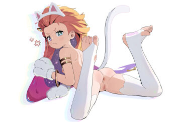 1girl anger_vein animal_ears animal_hands anus armlet ass bracelet bright_pupils cat_ears cat_tail censored cleft_of_venus fake_animal_ears fake_tail frown gloves green_eyes highres hottodg jewelry league_of_legends loli long_hair looking_at_viewer lying mosaic_censoring nude on_stomach orange_hair paw_gloves purple_eyes purple_hair pussy simple_background solo stirrup_legwear tail thighhighs toeless_legwear very_long_hair white_background white_pupils white_thighhighs zoe_(league_of_legends)