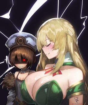 2girls absurdres angry bare_shoulders black_background blanc_(neptunia) blonde_hair blue_ribbon blush breast_envy breasts brown_hair cleavage clenched_teeth closed_eyes detached_collar detached_sleeves dress franzilla fur-trimmed_jacket fur_trim green_dress hat highres huge_breasts jacket long_hair multiple_girls neptune_(series) red-eye_effect red_ribbon ribbon shaded_face short_hair small_breasts smile smug strapless strapless_dress teeth vert_(neptunia) white_dress white_hat