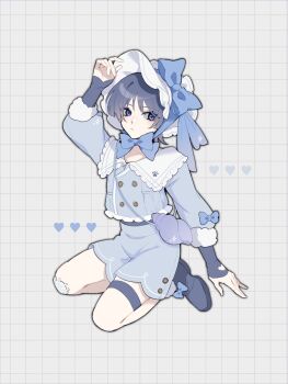 1boy alternate_costume arm_at_side arm_up black_shoes black_sleeves blue_bow blunt_ends bonnet bow buttons closed_mouth clothing_cutout collar collarbone conch curled_fingers doll_joints double-breasted eyelashes eyeliner eyeshadow frilled_collar frills full_body gauze_on_knee genshin_impact grey_background grey_hair grey_shirt grey_shorts grey_sleeves grid_background hat hat_bow heart heart_cutout highres joints layered_sleeves long_sleeves looking_at_viewer makeup male_focus open_hand purple_eyes red_eyeliner red_eyeshadow scaramouche_(genshin_impact) seiza shirt shoes shorts sitting sleeve_bow solo sparkle_print thigh_strap w02_14 white_collar white_hat wispy_bangs