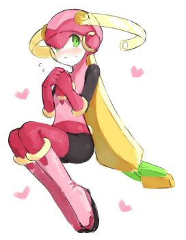 1girl black_bodysuit blonde_hair bodysuit green_eyes heart helmet invisible_chair leotard long_hair mega_man_(series) mega_man_battle_network_(series) pink_helmet pink_leotard rokuroku551 roll.exe_(mega_man) sitting solo