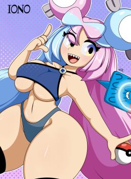 1girl black_thighhighs blue_background blue_hair blue_panties breasts character_name cowboy_shot crop_top dutch_angle gradient_background hair_ornament holding holding_poke_ball iono_(pokemon) large_breasts long_hair multicolored_hair navel nintendo nrac open_mouth panties pink_background pink_hair poke_ball poke_ball_(basic) pokemon pokemon_sv polka_dot polka_dot_background purple_eyes sharp_teeth shiny_skin smile solo standing teeth thick_thighs thighhighs thighs two-tone_hair underboob underwear upper_teeth_only very_long_hair wide_hips