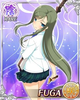 Rule 34 | blue bow, blue bowtie, blue eyes, border, bow, bowtie, breasts, card (medium), character name, english text, from behind, frown, fuga (senran kagura), game cg, green hair, green skirt, holding, holding instrument, holding plectrum, instrument, large breasts, light blush, long hair, long sleeves, looking back, mole, mole under eye, official alternate costume, official art, parted bangs, parted lips, plaid clothes, plaid skirt, plectrum, sakigei municipal academy school uniform, school uniform, senran kagura, senran kagura new wave, shamisen, shirt, skirt, treble clef, white shirt
