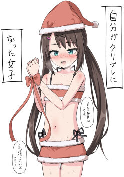 1girl black_panties blue_eyes blush bound bound_wrists bow brown_hair collarbone commentary_request flat_chest fur-trimmed_headwear fur-trimmed_skirt fur_trim hair_ornament hairclip hands_up hat heavy_breathing highres long_hair looking_at_viewer microskirt navel nose_blush open_mouth original panties panty_straps pussy_juice red_bow red_hat red_skirt santa_costume santa_hat side-tie_panties simple_background skirt solo takasuma_hiro thigh_gap translation_request twintails underwear very_long_hair white_background x_hair_ornament