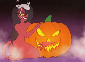 Rule 34 | ass, breasts, colored skin, commentary, demon girl, demon horns, demon tail, english commentary, fog, hair over one eye, hellaverse, helluva boss, highres, horns, huge ass, jack-o'-lantern, kinggargantuas, looking at viewer, multicolored hair, multicolored horns, nude, one eye covered, red skin, sallie may (helluva boss), smile, solo, striped horns, tail, two-tone hair, white hair