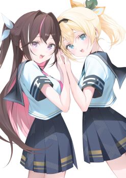 2girls :d alternate_costume aqua_neckerchief azki_(hololive) black_hair black_hairband black_sailor_collar black_skirt blonde_hair bow braid colored_inner_hair commentary crossed_bangs double-parted_bangs from_side hair_between_eyes hair_bow hair_intakes hairband half_up_half_down_braid hands_up highres hololive kazama_iroha long_hair miniskirt mole mole_under_eye multicolored_hair multiple_girls neckerchief open_mouth pink_hair pink_neckerchief pleated_skirt ponytail purple_eyes ryuya sailor_collar school_uniform serafuku shirt short_hair short_sleeves simple_background skirt sleeve_cuffs smile streaked_hair teeth upper_teeth_only very_long_hair virtual_youtuber white_background white_hair white_shirt