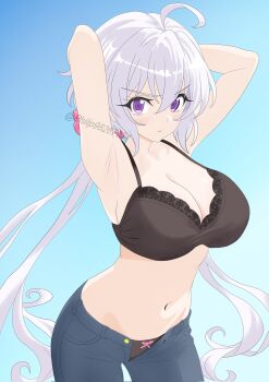 1girl ahoge armpits arms_behind_head black_bra black_panties blue_background bow bow_panties bra breasts cleavage closed_mouth denim from_side hair_between_eyes hair_ornament hair_scrunchie highres jeans large_breasts light_blush long_hair looking_at_viewer navel open_fly panties pants philip98267134 purple_eyes scrunchie senki_zesshou_symphogear simple_background solo stomach underwear very_long_hair white_hair yukine_chris