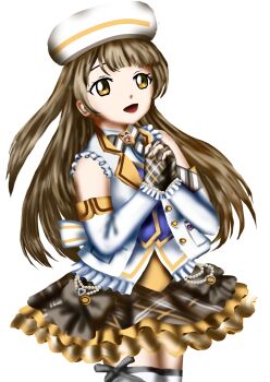 Rule 34 | 1girl, artist name, artist request, back bow, bare shoulders, black skirt, blush, bow, breasts, brown eyes, brown hair, collared shirt, dress shirt, female focus, fingers together, floating hair, frilled shirt, frilled skirt, frills, grey hair, grey neckwear, hat, highres, light brown hair, long hair, looking at viewer, love live!, love live! school idol festival, love live! school idol festival after school activity, love live! school idol project, minami kotori, miniskirt, necktie, own hands together, parted lips, plaid clothes, plaid skirt, pleated, pleated skirt, ponytail, shirt, side ponytail, sirjonesiii, skirt, smile, solo, striped bow, white background, white bow, white hat, white legwear, white shirt, white sleeves, yellow eyes