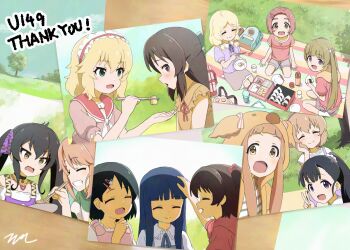 6+girls :d ^_^ aayh akagi_miria animal_hood animal_print bento black_hair blonde_hair blue_hair bow brown_eyes brown_hair brown_jacket brown_shirt brown_skirt center_frills chopsticks closed_eyes closed_mouth collared_shirt commentary_request dress eating feeding food food_on_face frills fukuyama_mai grey_shorts grin hair_bow hair_ornament hair_over_shoulder hair_ribbon hairclip hand_on_own_face hand_up headpat holding holding_chopsticks holding_food holding_plate hood hood_up hooded_jacket ichihara_nina idolmaster idolmaster_cinderella_girls idolmaster_cinderella_girls_u149 jacket koga_koharu leopard_print long_hair low_twintails matoba_risa multiple_girls neck_ribbon off-shoulder_shirt off_shoulder onigiri open_mouth photo_(object) picnic pink_dress pink_sailor_collar plate ponytail print_ribbon puffy_short_sleeves puffy_sleeves purple_eyes purple_ribbon purple_shirt rabbit_hair_ornament red_bow ribbon ryuzaki_kaoru sailor_collar sajo_yukimi sakurai_momoka sasaki_chie seiza shirt short_hair short_sleeves short_twintails shorts sitting skirt sleeveless sleeveless_dress sleeveless_shirt smile tachibana_arisu thank_you twintails two_side_up very_long_hair white_shirt yokoyama_chika yusa_kozue yuuki_haru